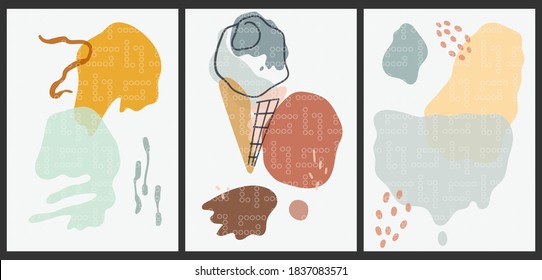 Eine Reihe von drei ästhetischen, japanisch gemusterten Hintergründen. Abstrakte Plakate für soziale Netzwerke, Webdesign. Modeillustrationen mit Eiscreme, geometrische Formen, Schmuckstücke, Punkte.