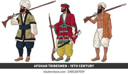 Conjunto de tres miembros de la tribu afgana o soldado del siglo 19 con rifles y varias armas frías, aislado sobre fondo blanco, Vector EPS 10