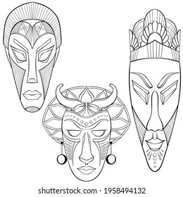 Set of three African ethnic masks. African, American, tribal, aztec style. Line art hand drawn isolated on white background. Sketch for tattoo, coloring book page