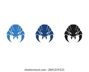 A set of three aggressive insect head logos featuring sharp pincers and menacing eyes in various shades of blue and solid black