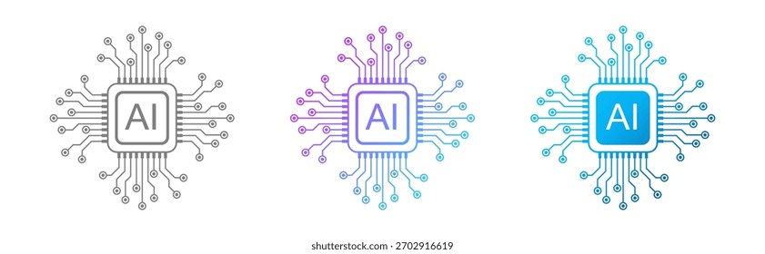 Set of three AI chip illustrations with circuit lines in gradient styles, representing artificial intelligence, digital technology, computing systems, and modern electronic design.
