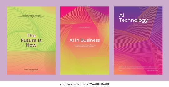 Set of three AI-themed posters with colors and abstract lines. AI, technology, and business are keys. Futuristic design with bold text. Digital transformation, colorful poster template vector set.