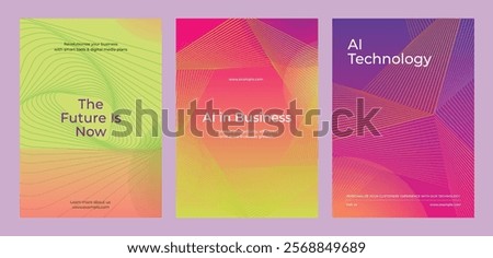 Set of three AI-themed posters with colors and abstract lines. AI, technology, and business are keys. Futuristic design with bold text. Digital transformation, colorful poster template vector set.