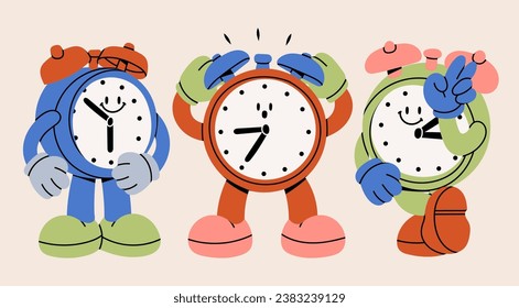 Conjunto de tres relojes de alarma. Una linda mascota graciosa con la cara. Dibujo a mano a la moda ilustración Vector. Estilo de caricatura despertar el carácter del reloj. Elementos de diseño aislados. Cartel, impresión, logotipo, plantillas de iconos