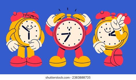 Set of three Alarm clocks. Cute funny mascot with face. Hand drawn trendy Vector illustration. Cartoon style wake up clock character. Isolated design elements. Poster, print, logo, icon templates