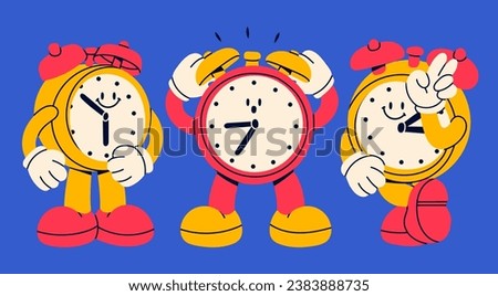 Set of three Alarm clocks. Cute funny mascot with face. Hand drawn trendy Vector illustration. Cartoon style wake up clock character. Isolated design elements. Poster, print, logo, icon templates