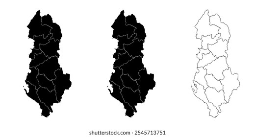 Set of three Albania map silhouettes in black and outline style with regions.
