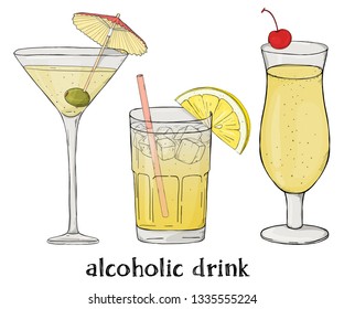 Set of three alcoholic drinks. Colorful vector illustration in sketch style. For menu, website, cocktail card, advertising.