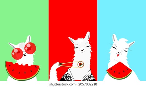 Set, three alpacas on a bright background. A white lama in a kimono holds a roll, sushi with chopsticks. Alpaca in red glasses eats watermelon. Healthy eating, keto diet.