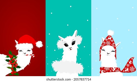 Set, three alpacas on a bright background in winter outfits. A white llama in a red Christmas hat with a wreath of holly. Alpaca in a knitted scarf and a cap with a white pattern of snowflakes. New Ye