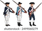 Set of Three American Soldiers in Uniforms of Various Regiments from American Revolutionary War Holding Muskets or Rifles, Illustration Isolated on White Background, EPS 10 Vector