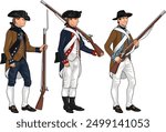 Set of Three American Soldiers in Uniforms of Various Regiments from American Revolutionary War Holding Muskets or Rifles, Illustration Isolated on White Background, EPS 10 Vector