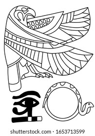 Set von drei alten ägyptischen stilisierten Einzelelementen Stock-Vektorillustration-Illustration. Schwarzer Umriss Ra der Sonnengott falcon, uraeus und das Auge von Horus auf weiß. Grafisches einfaches altes Ägypten aus Papyrus.