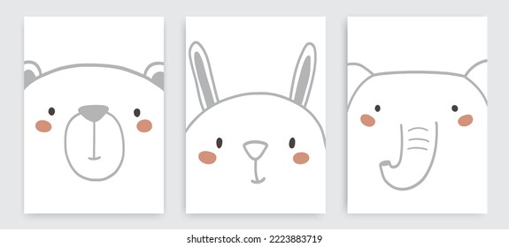 Set of three animal childish cartoon comic printable wall posters in earth pastel colors with rabbit elephant bear face on dark gray blue background for nursery children room, cover, fabric svg
