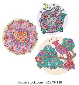Set of three animal decorative vignettes - cat, rabbit and bird illustration