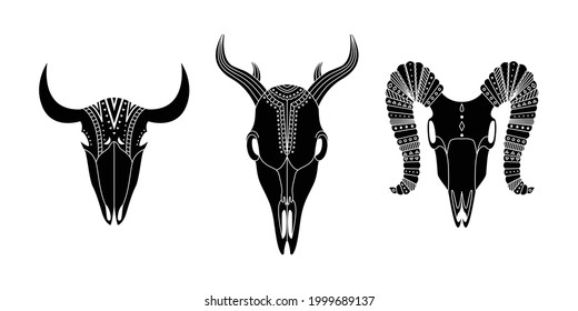 Set of three animal skulls with geometric ornaments. Tribal illustration in simple style. 