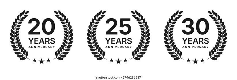 Set of three anniversary emblems featuring numbers 20 25 and 30 with laurel wreaths and stars. These icons represent significant milestones for business anniversaries or special events.