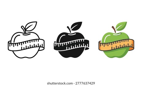 A set of three apple icons wrapped with a measuring tape, featuring outline, solid black, and colored flat vector styles.