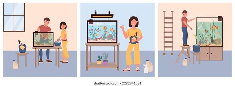 Set of three aquarium clean care flat compositions with indoor views of people cleaning up aquariums vector illustration