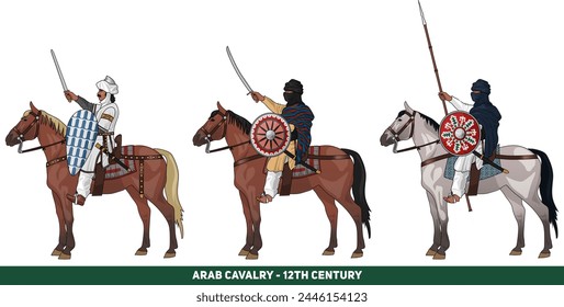 Set of Three Arabian or Bedouin Cavalrymen or Horsemen From 11th or 12th Century During Crusades, Isolated on White Background, Vector EPS 10