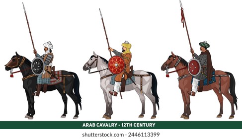 Set of Three Arabian Cavalrymen or Horsemen From 11th or 12th Century During Crusades, Isolated on White Background, Vector EPS 10