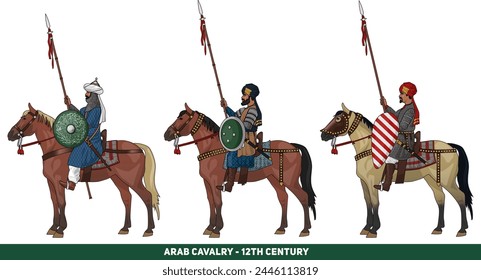 Set of Three Arabian Cavalrymen or Horsemen From 11th or 12th Century During Crusades, Isolated on White Background, Vector EPS 10