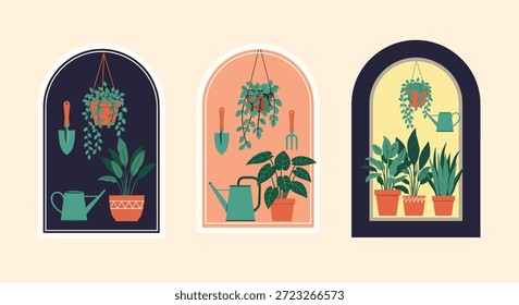 Conjunto de tres marcos decorativos arqueados que muestran hermosas plantas de casa en macetas y herramientas de jardinería esenciales en una composición artística.