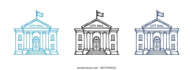 A set of three architectural sketches representing a city hall or government building with columns and a flag in blue black and purple outlines