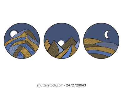 Conjunto de tres ilustraciones de arte de montaña con color contemporáneo. Colección de Vector para fotos de decoración del hogar. Artes con forma de círculo. Patrón de montañas lineales.