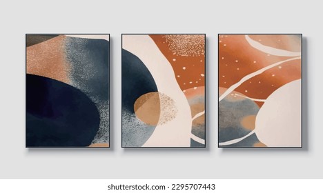 Conjunto de tres cuadros de arte, cuadros abstractos, archivos vectoriales, ilustraciones vectoriales, decoración de pared, postales, tapices, carteles, tarjetas, murales, alfombras, cuadros colgantes, impresiones