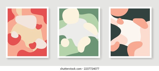 Un conjunto de tres plantillas de impresión de arte con formas orgánicas abstractas en colores suaves y neutros. Folletos modernos y de diseño, diseño de marca y embalaje, arte mural moderno.