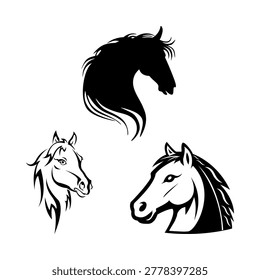 Set of three artistic horse head vector sketches showing different angles and mane styles. The black and white line art emphasizes the elegance and varied breeds of the majestic equine animal.