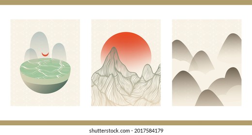 A set of three artistic illustrations in Japanese vintage style. Minimalistic background with geometric pattern. Modern oriental poster design. Aesthetic painting in pastel colors with various shapes.