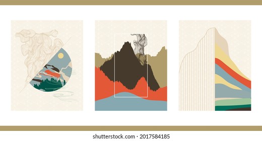 Eine Reihe von drei künstlerischen Illustrationen im japanischen Vintage-Stil. Minimalistischer Hintergrund mit geometrischem Muster. Modernes orientalisches Plakatdesign. Ästhetische Malerei in Pastellfarben mit verschiedenen Formen.