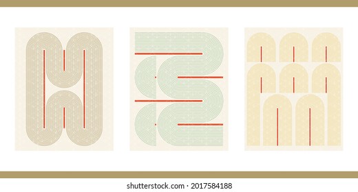 A set of three artistic illustrations in Japanese vintage style. Minimalistic background with geometric pattern. Modern oriental poster design. Aesthetic painting in pastel colors with various shapes.