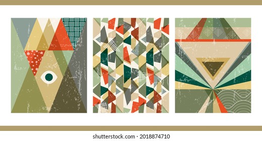 A set of three artistic illustrations in Japanese vintage style. Minimalistic background with geometric pattern. Modern oriental poster design. Aesthetic painting in pastel colors with various shapes.