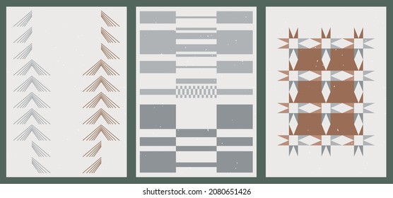 A set of three artistic illustrations in Japanese vintage style. Minimalistic background with geometric pattern. Modern oriental poster design. Aesthetic painting in pastel colors with various shapes.