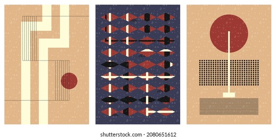 A set of three artistic illustrations in Japanese vintage style. Minimalistic background with geometric pattern. Modern oriental poster design. Aesthetic painting in pastel colors with various shapes.