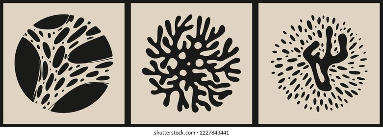 A set of three artistic illustrations in Japanese vintage style. Minimalistic background with line art. Modern oriental poster design. Aesthetic painting in pastel colors with various shapes.