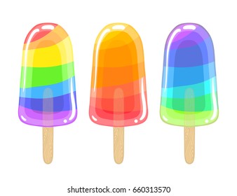 Set of three artoon cool popsicle. Sweet ice cream isolated on the white background. T-shirt print and sticker.