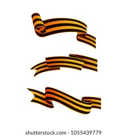 Set of three asymmetric George ribbons, symbols of Russian Victory day with rolled and flag cut ends, realistic vector illustration isolated in white background. Set of Russian Victory day ribbons