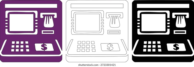 Set of three atm machine icons in purple black and outline styles. Includes keypad dollar sign screen and card slot. Perfect for finance banking and money services.
