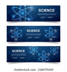 Set of three Atom horizontal banners. Horizontal illustration for homepage design, promo banner. Atomic neutron low poly symbols with connected dots