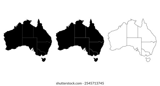 Set of three Australia map silhouettes in black and outline style with states.
