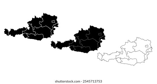 Set of three Austria map silhouettes in black and outline style with regions.