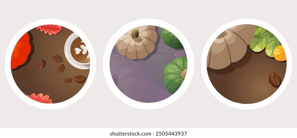 A set of three autumn backgrounds. Bright background for decorating shop windows, stories, creating promotions and stickers.  Autumn background with coffee, pumpkin, leaves