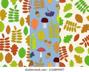 Set of three autumn backgrounds. Seamless patterns with hand-drawn colorful leaves, berries and mushrooms