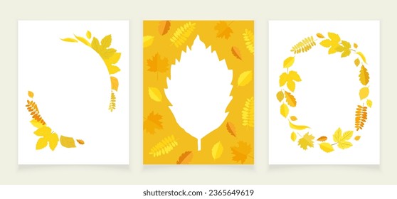 Eine Reihe von drei Herbstkarten. Rahmen von Herbstgelben Blättern mit Platz für Ihren Text. Vektorgrafik.