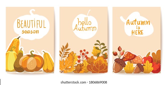 Set of three autumn cards. Pumpkins, leaves and twigs, acorns, apples and mushrooms. Place for text. Vector