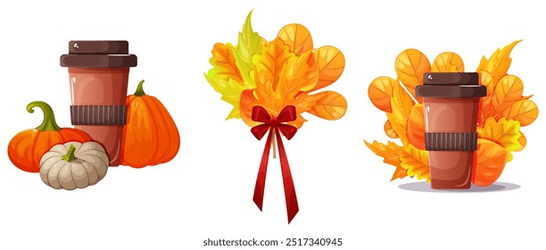 Set of three autumn compositions. Composition with coffee and pumpkin. Autumn bouquet composition with leaves. Coffee composition with leaves on the background